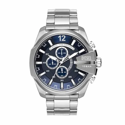 Diesel Reloj Mega Chief para Hombre, Movimiento cronógrafo con correa de acero inoxidable, Azul oscuro y tono plateado, 51 mm