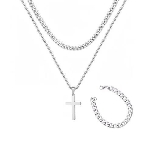 SSKHE Juego de 3 collares de cruz de acero inoxidable para hombre, plata con pulsera, cadena de serpiente cubana duradera, regalo de joyería ideal para hombres y adolescentes