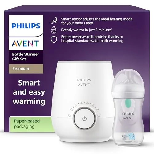 Philips Avent Pack regalo calientabiberones - Calientabiberones Premium y biberón Natural Response, control de temperatura, calienta uniformemente, apagado automático, descongelación suave, SCF358/10