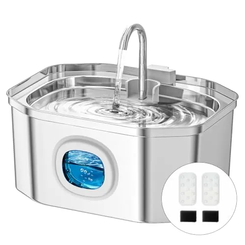 Apauk 3.2L Fuente para Gatos Acero Inoxidable, Bebedero Gatos, Silencioso Fuente de Agua para Gatos y Perros pequeños, con Ventana LED, Sistema de Filtro Multicapa(2 Filtros & 2 Esponjas)