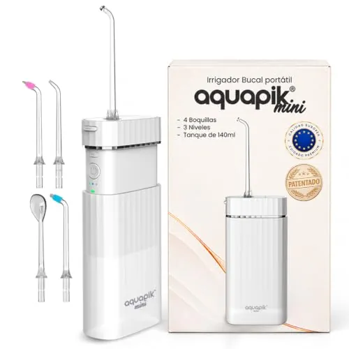 Irrigador dental portátil Aquapik Mini 140 ml | Water flosser recargable USB tipo C | 3 modos presión | limpieza profunda | Ideal para Encías sensibles, ortodoncia e implantes dentales (Blanco)
