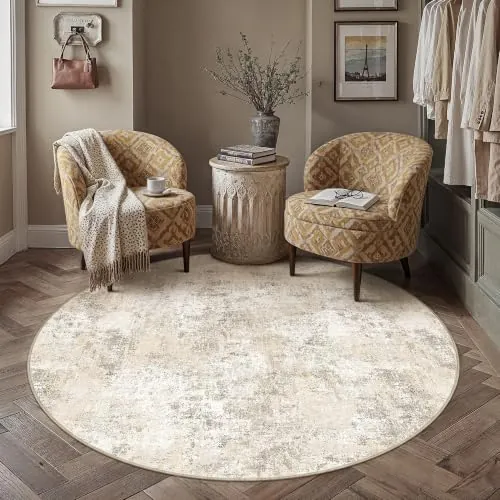 PureCozy Alfombra redonda de pelo corto, 180 cm, color beige | Alfombras redondas abstractas lavables, antideslizantes, para sala de estar, dormitorio, comedor, oficina