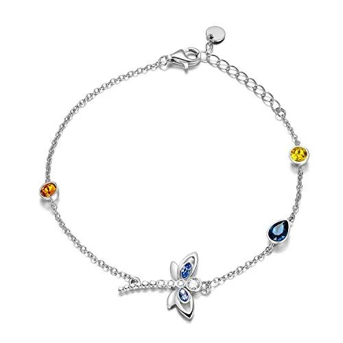Tobillera de plata de ley 925 con libélula, joyería de libélula para mujeres y niñas, 9 inches, Cristal, Crystal