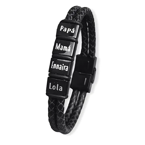 Pulsera personalizada con nombres, totalmente ajustable, fabricada con dos tiras de cuero redondo y acero. MODELO BLACK TITI. Regalos día del padre, regalos San Valentín.