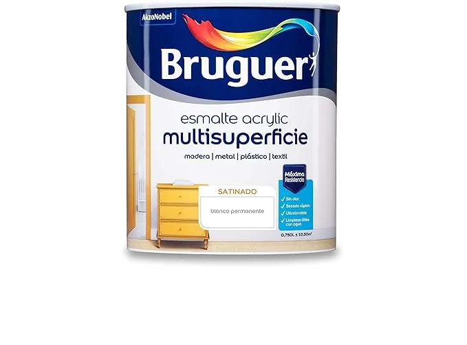 Bruguer Acrylic Multisuperficie Esmalte al agua Satinado - Pintura 750 mL, Blanco Permanente