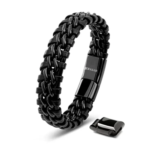 SERASAR Pulsera Hombre 20cm Negro de Cuero Pulseras Hombres Brazaletes Pulso Muñequera Bisutería Joyeria Cuerdas Bracelet Men Jewellery Ancha