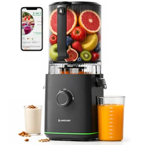 AMZCHEF Extractor de Zumos Prensado en Frío 600W, Licuadora con Boca 160 mm | Slow Juicer Machine 2,5 L para Frutas y Verduras Enteras, Filtro para Zumo y Leche Vegetal, Fácil de Limpiar y Montaje, Negro