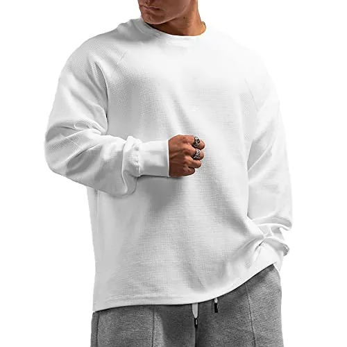 Muscle Alive Hombres Básico Manga Larga Gofre Sudaderas Camisa de Entrenamiento Ajuste Holgado Ejercicio Pull-Over Camisa de Cuello Redondo Blanco S