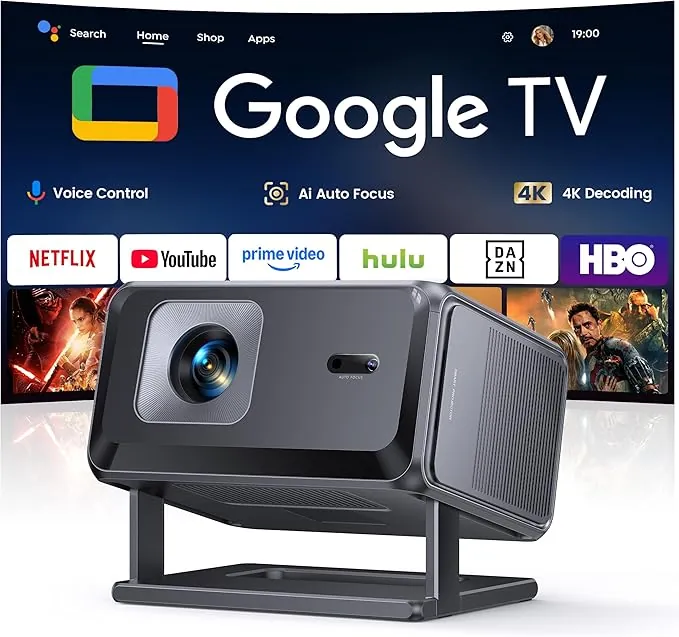 Proyector 4K【Google TV/Official Apps/Auto Focus/Keystone】Proyector Portatil App Integrada Control del lenguaje 1080P FHD Nativo,WiFi 6 & Bluetooth SmartProyector para Movil/Exterior/Cine en Casa/Techo