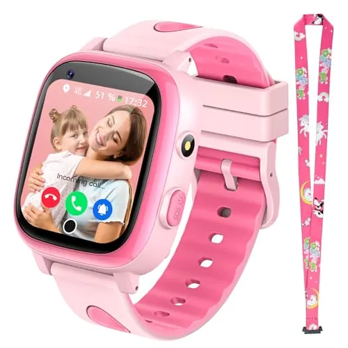 2026 Nuevo 4G Reloj Inteligente Niño con Videollamada & GPS, SOS, Chat de Voz, IP68 Impermeable, Modo Escuela, Podómetro, Despertador, Flashcard, Regalo para Niños y Niñas de 4 a 15 Años Rosa