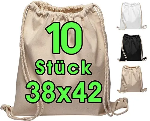 Bolsa de Algodón 10 Piezas 38x42cm - Mochila de Deporte, Tela y Gimnasia, Yute Certificada OEKO-TEX® para Compras y Gym (Naturaleza)