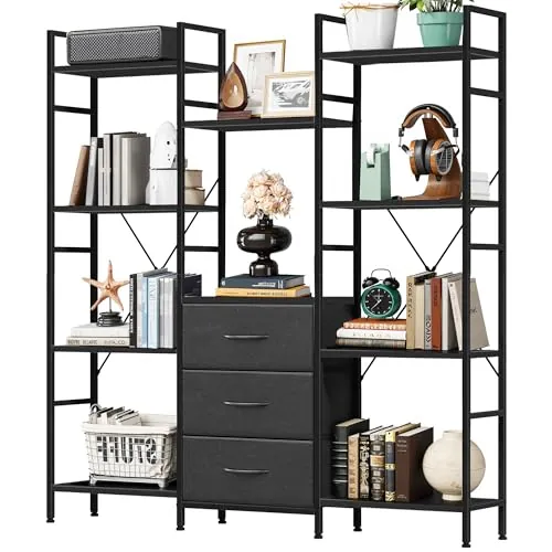 OYRREU Libreria Estanteria 4 Niveles 120W x142Hcm 3 Cajones, Retro Negro