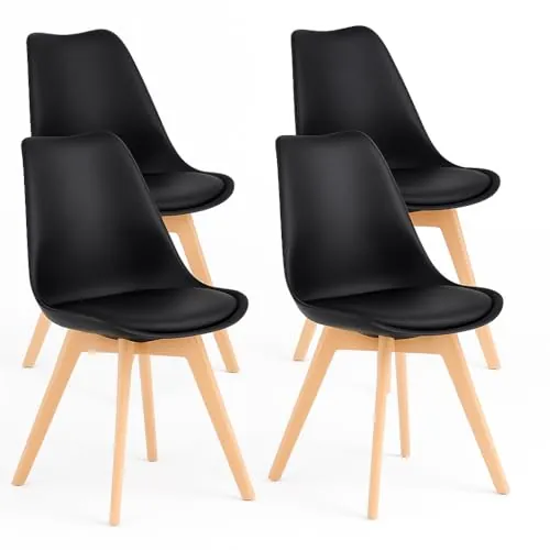 T-LoVendo Pack de 4 Sillas Comedor Nórdico, Sillas de Cocina Nórdicas con Patas de Madera Maciza de Haya y Asiento Acolchado y Tapizado, Respaldo Ergonómico (Negro)