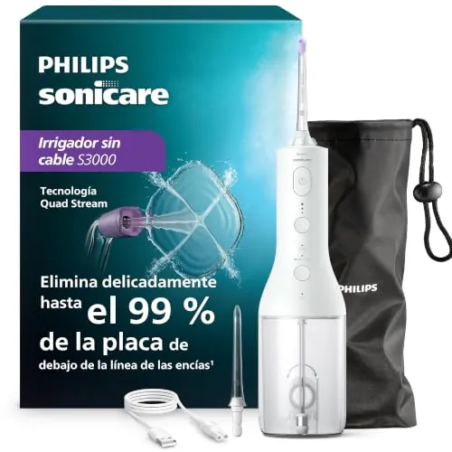 Philips Sonicare Irrigador oral Power Flosser 3000 sin cable con tecnología Quad Stream y Pulse Wave, HX3826/31, Negro, 3000, Blanco