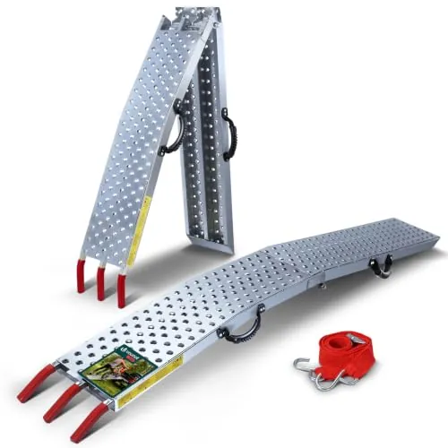 VOUNOT® Rampa de Carga Plegable 400 kg Máx. de Capacidad, Rampa de Acceso Riel Antideslizante de Metal Galvanizado con Correas de Seguridad, Plegable para Moto Tractor Motocicleta ATV Quad