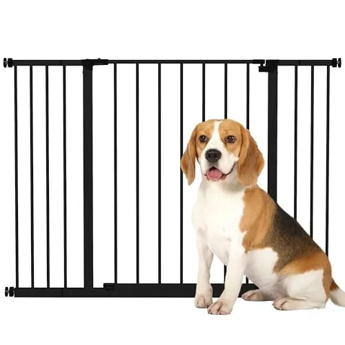 PawHut Barrera de Seguridad Extensible para Puertas y Escaleras para Perros y Bebé, Barrera para Mascotas, Ajuste a Presión, Apertura con Una Sola Mano, 2 Extensiones 15/10 cm, 76-107x76 cm, Negro