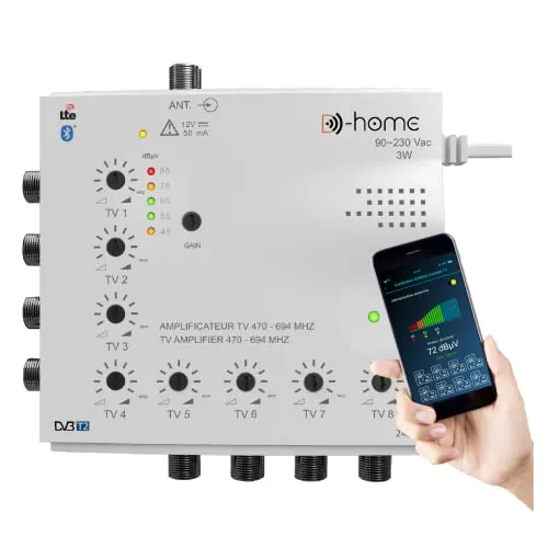 D-Home - Amplificador de TV TDT Interior 8 salidas 22dB Conectado Filtrado 4G-5G. Funciona con Mobile TV Finder para encontrar la mejor señal. Adecuado para cualquier antena
