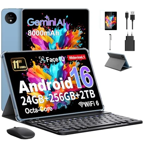 Tablet 11 Pulgadas en Gemini AI, Tableta Android 16 en Funda, Teclado & Ratón, Octa-Core, 24 GB RAM + 256 GB ROM + 2 TB TF, 1920x1200 Pantalla HD, 90 Hz, Cámara Doble 8MP + 13MP, 8000 mAh (Azul)