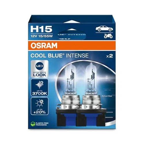 OSRAM COOL BLUE INTENSE H15, +20% más de brillo, hasta 3700K, lámpara de faro halógena, aspecto LED, caja plegable colgante (2 lámparas)