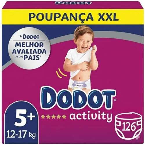 Dodot Bebé Activity Pañales Talla 5+ (12-17 kg) – Máxima Absorción, Ajuste Total 3D, 126 Unidades, Protección Antifugas, Suavidad y Comodidad Todo el Día