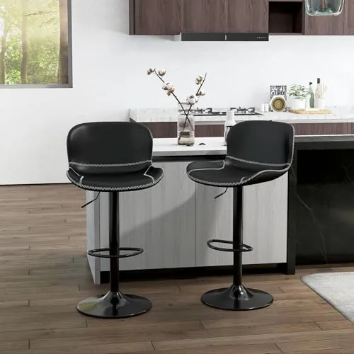 Youhauchair Taburetes Altos de Cocina Juego de 2, Taburete de Bar Regulable en Altura en Cuero PU, Taburete Alto con Respaldo y Reposapiés, Taburete Cocina Giratorio, Moderno, Negro