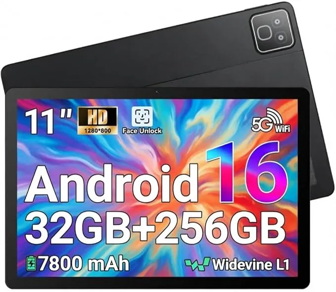 Tablet Android 16, Tableta de 11 Pulgadas, 32GB RAM+256GB ROM (TF 1TB), 7800mAh, 5 Núcleos, 1280 * 800 Pantalla HD, WiFi 6, Widevine L1, Bluetooth 5.4, 5MP+8MP, Face ID, GPS Tableta Pad