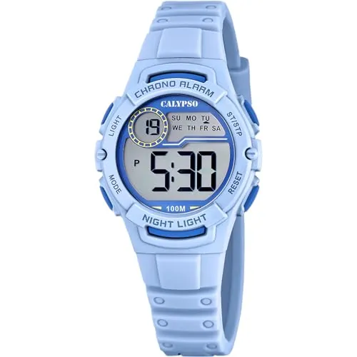 CALYPSO Reloj Digital Infantil Niño Niña de Caucho Azul - Resistente al Agua 10 ATM Fecha y Calendario, Cronógrafo, Doble Horario, Luz, Alarma, 12 y 24 Horas K5852/2 - Junior Collection