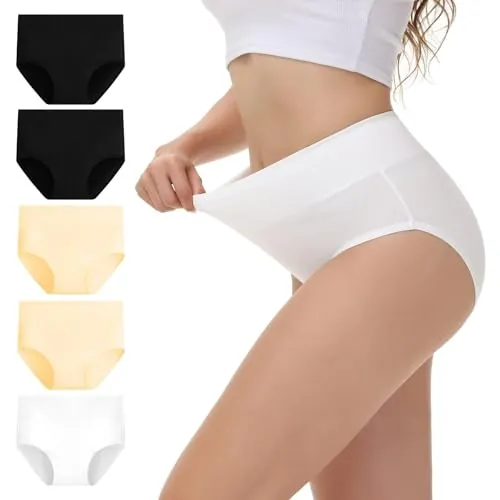 NUOZA Bragas Mujer Alta Reductora Bragas Postparto Algodon Culotte Mujer Ropa Interior Culotte Underwear Pack de 5 Cómodas y Suaves Negro Blanco Beige M