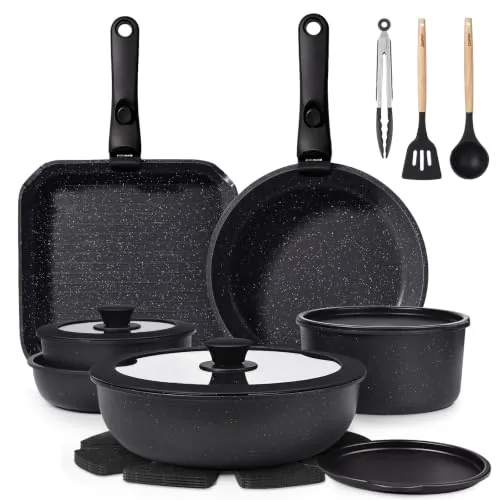 GiPP 19 PCS Juego de Ollas y Sartenes Induccion Antiadherentes Sin Toxicos | Bateria Cocina Mango Extraible, Apta para Todo Tipo de Cocinas Incluida Inducción y Horno, Compatible Lave-vaisselle, Negro