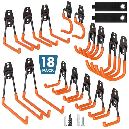 BONTEC Ganchos De Garaje Pesados, Set 18 Ganchos Antideslizantes, Acero Reforzado, Carga 502 KG, U y S Soporte Bicicleta, Organizador Herramientas, Colgador Pared Multiusos, Naranja