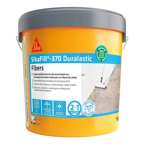 SIKA - Impermeabilización reforzada con fibra - SikaFill 370 Fibers - Blanco - Pintura acrílica con fibras de vidrio para impermabilización de cubiertas, terrazas visitables - Puenteo de fisuras - 1kg