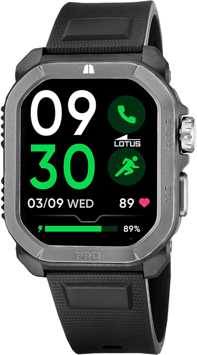 LOTUS Reloj Inteligente Hombre - Smartwatch Hombre de Caucho Negro - Resistente al Agua 5 ATM - GPS, Voz IA, Control Música, Cuenta Pasos y Calorías, Teléfono 50200/1 Ferro RC - Smartime 2nd Gen