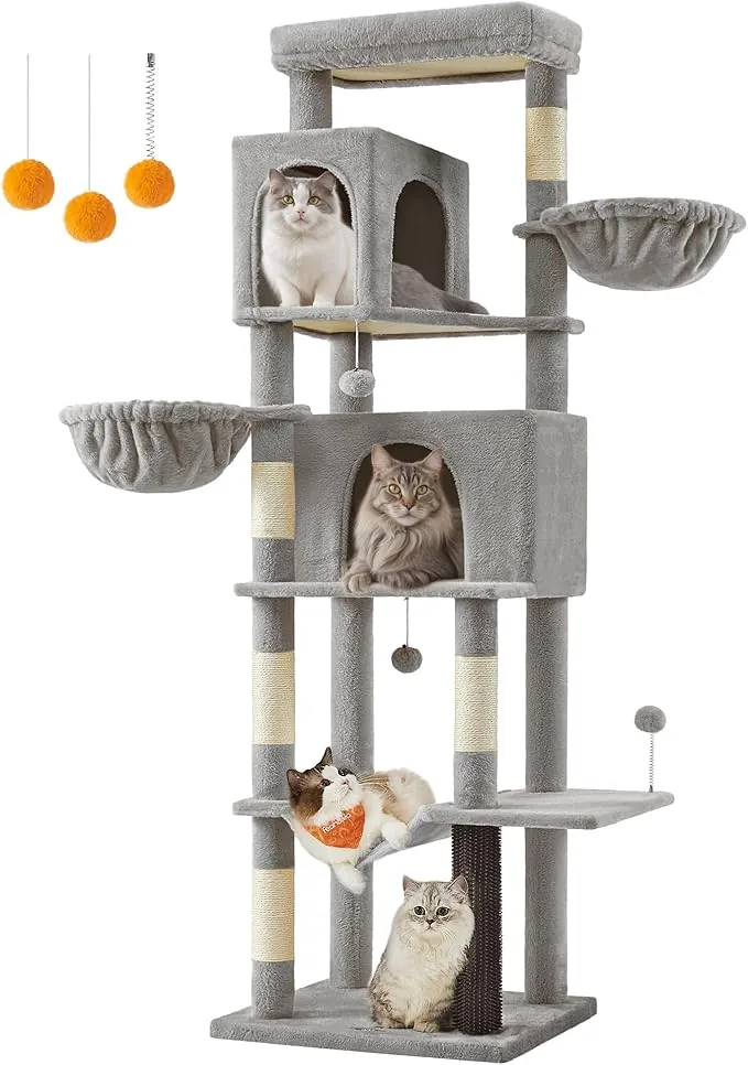 Feandrea Árbol Grande para Gatos, Torre para Arañar de 190,7 cm de Altura, Multinivel con 2 Cuevas, 2 Cestas, 5 Rascadores, Alfombra, Plataforma, Hamaca, Gris Paloma PCT183G01