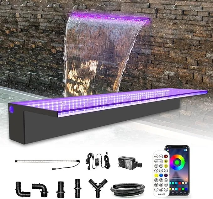 LONGRUN Derrame de Cascada, Control de aplicación, luz LED Multicolor para Exteriores, Kit de Fuentes de Agua acrílica Estanque Koi cascadas para decoración de jardín, Patio, Piscina - 90cm