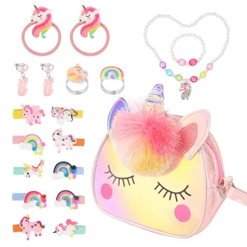 RISVOWO 19 Piezas Peluche Unicornio Bolso para Niñas, Juegos de Joyas para Niña, Collar de Unicornio, Pulsera, Pendientes, Anillo, Regalo de Joyería, Suministros para Fiestas, Regalos para niñas