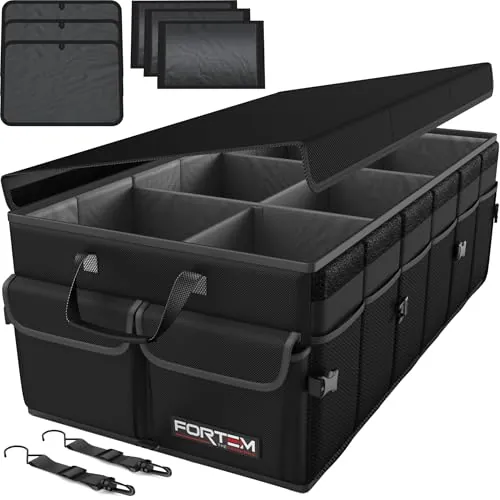 FORTEM Organizador Maletero Coche - Caja Maletero Coche Plegable con Base Antideslizante y Correas Ajustables - Bolsa Organizador con Compartimentos y Tapa con Tela Oxford 600D - Accesorios Coche 85L