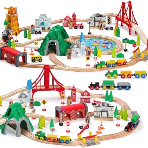 SainSmart Jr. Tren de Madera Juguete 112 Piezas, Compatible Brio y Thomas | Ciudad con puente, túnel, grúa y estanque-puzzle de pesca; vías de doble cara compatibles Melissa y Doug; desde 3 años
