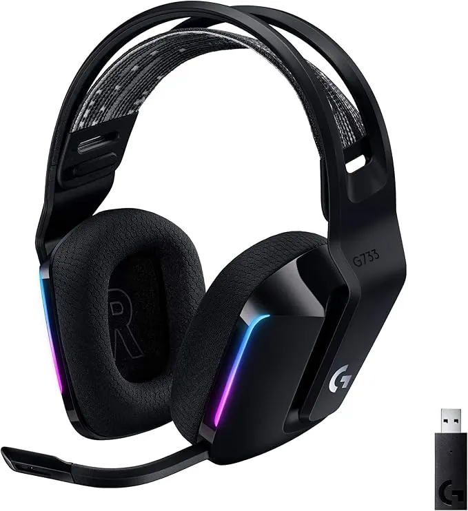 Logitech G G733 Lightspeed Auriculares con Micrófono Inalámbricos para Gaming con Diadema con Suspensión, LIGHTSYNC RGB, Tecnología de Micrófono Blue Vo!CE, Ligeros, 29h de batería - Negro