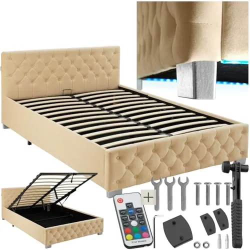tectake® Cama Tapizada de Terciopelo con Leds, Canape Somier Abatible, Acero Estable, Cama Alta con 300 kg de Capacidad, Mando, Acolchado Chesterfield, Iluminación LED - 215 x 148 cm Beige
