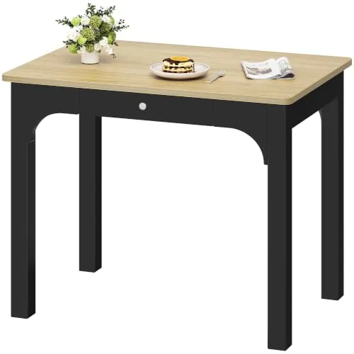 Hzuaneri Mesa de Comedor en Tono Madera, 50 x 80 x 75 cm, Negra | Mesa de Cocina con Cajones, Tablero de 18 mm de Grosor, Cuadrada, Patas de Madera Maciza, Capacidad para 4 Personas, KT10004X