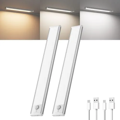 Klighten 2 Piezas Luz de Armario 30CM Recargable USB, Led Cocina Bajo mueble con Sensor Movimiento, 3000K/4500K/6000K, Regulable, 3 Modos, Luces Armario Adhesiva Magnetica Pilas, 1800mah, Plata