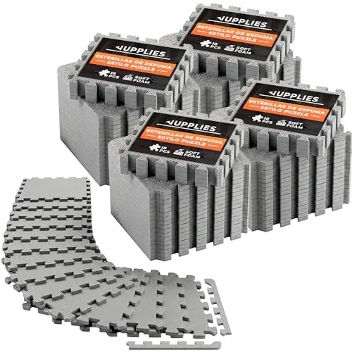JUPPLIES - Suelo Gimnasio Set 72 Piezas 30x30x1cm - Esterilla Puzzle Fitness de Goma para Suelo - Alfombra Protectora para Gimnasio en Casa - Tatami en Puzzle (Gris)