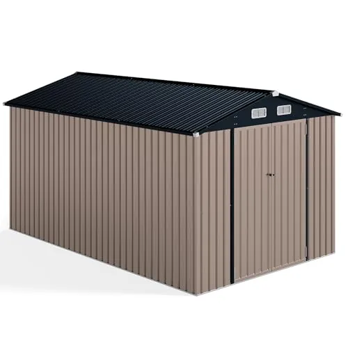 HOMASIS 7.8㎡ Caseta de Jardín de Metal Galvanizado, Diseño de Tejado Inclinado, Puertas Dobles con Cerradura y Llave, 4 Respiraderos, Resistente a la Intemperie, 15.37m³, Gris Cálido