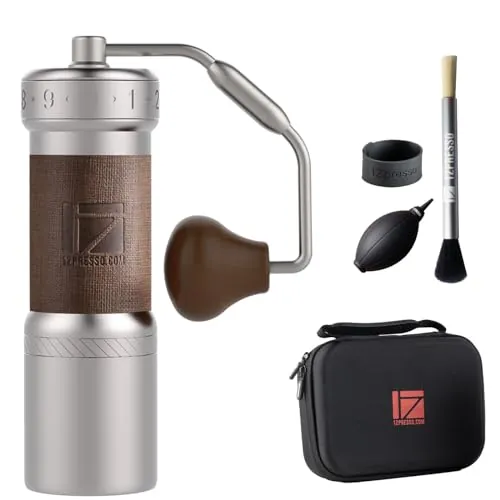 1Zpresso K-Ultra - Molinillo de café manual plateado con funda de transporte, molienda de consistencia de montaje de rebabas cónicas de acero inoxidable, mango plegable, ajuste ajustable externo