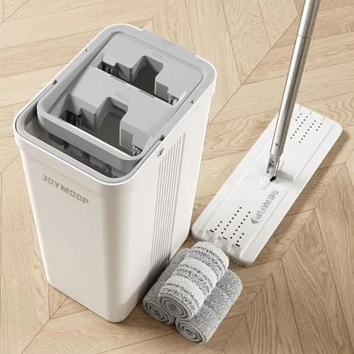 JOYMOOP Juego de fregona y Cubo con escurridor para el hogar, Sistema de fregona Plana y Cubo, fregonas para Limpieza de Suelos y Limpiador de Paredes, con 3 Almohadillas de Microfibra Reutilizables