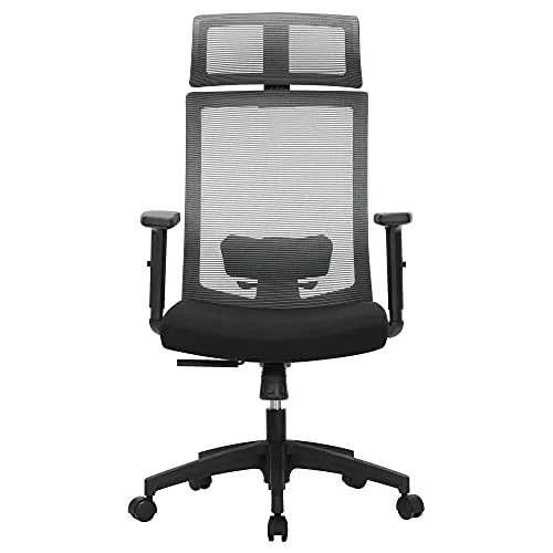 SONGMICS Silla de Oficina de Malla, Silla de Escritorio, Giratorio de 360°, Soporte Lumbar Ajustable, Apoyacabezas y Apoyabrazos, Inclinación del Respaldo hasta 120°, Gris OBN55BG