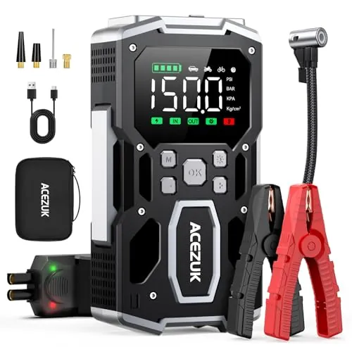 ACEZUK Arrancador de Batería de Coche 8000A, Compresor de Aire 150PSI, Arrancador de Coches para Vehículo(Toda Gasolina o 10L Diésel), 12V Jump Starter con 400-Lumen LED