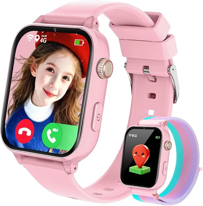 Reloj GPS Niños Localizador y Llamadas, 4G Smartwatch Niños Niña con Telefono Chat de Voz Videollamada Modo Clase Cámara Podómetro, Reloj Inteligente para 4 a 12 Años Regalos Comunion Navidad, Rosa