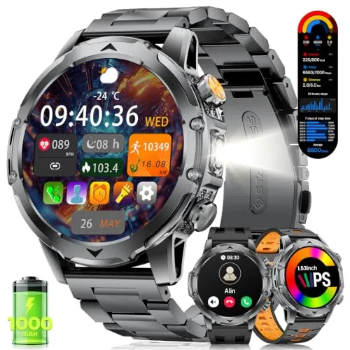 1,53"Reloj Inteligente Hombre, Llamadas Bluetooth, 1000 mAh, Negro Naranja