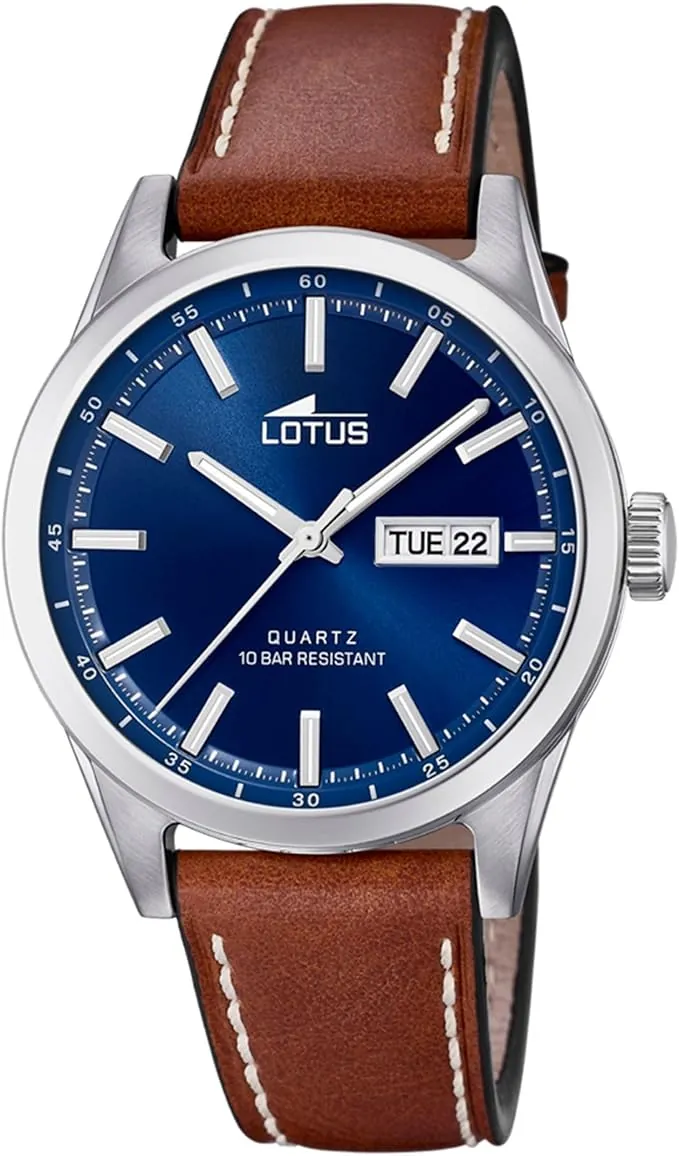 LOTUS Reloj Hombre Analógico de Cuero - Movimiento de Cuarzo - Calendario - Cristal Mineral de Alta Resistencia - Resistente al Agua 10 ATM Clásico